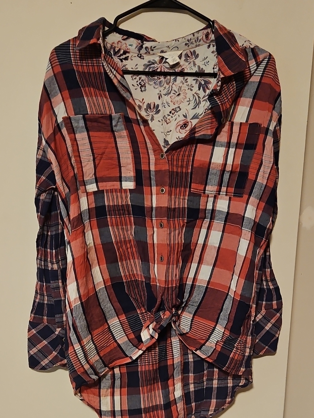 Caslon Red & Navy Plaid Button-Down Tie-Front Shirt
